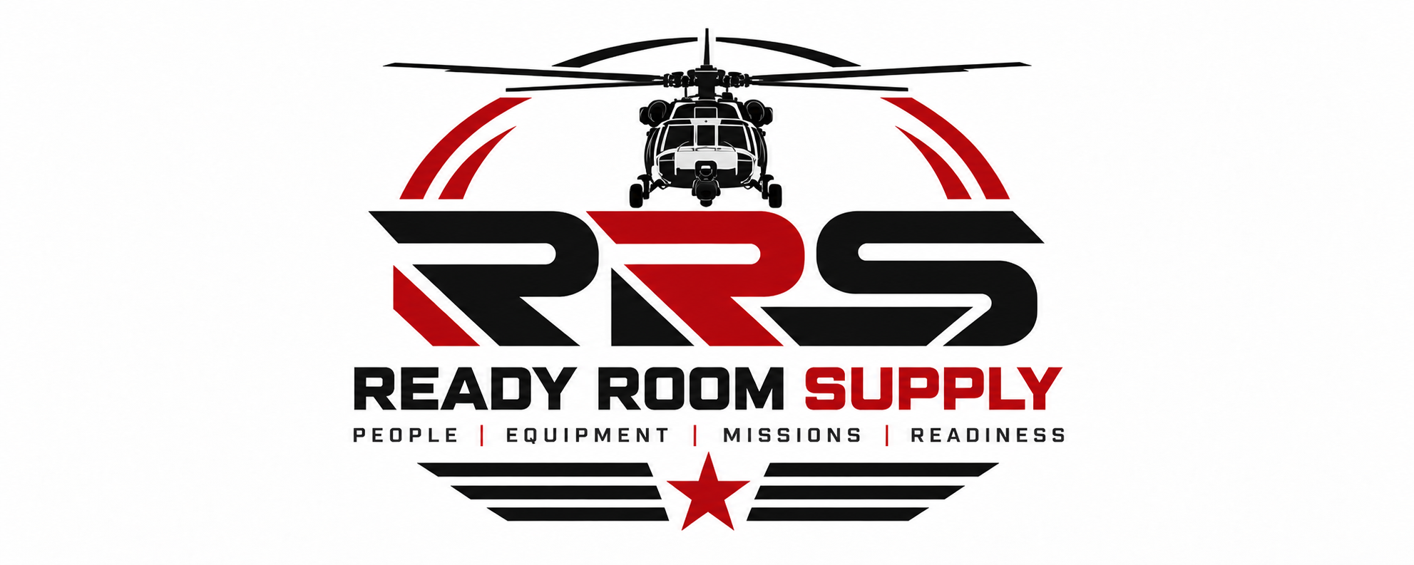 Ready Room Supply emblem with a head-on helicopter, RRS lettering, wings, and star. People, Equipment, Missions, Readiness.